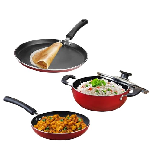 Vinod Zest Aluminium Non Stick Cookware Combo Set of 3 | 22 cm Kadai, 22 cm Frypan and 28 cm Dosa Tawa | 3 Layer Coating | Scratch Proof | Induction Base | 2 Year Warranty