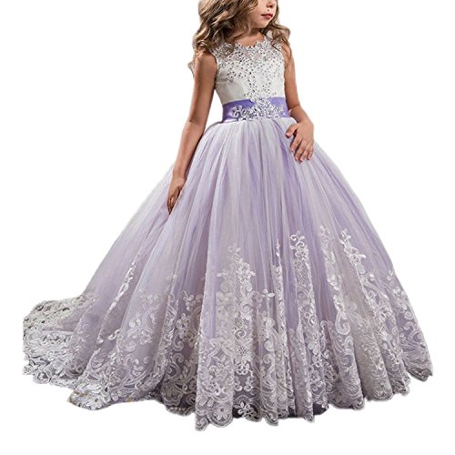 WDE Princess Lilac Long Girls Pageant Dresses Kids Prom Puffy Tulle Ball Gown