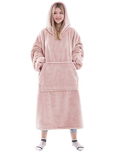 Wearable Blanket Snuggle Hoody Blanket Sweatshirt for Adult and Child, Super Warm and Cosy Blanket Hoodie for Women and Men, Flannel Blanket with Sleeves and Giant Pocket - Pink