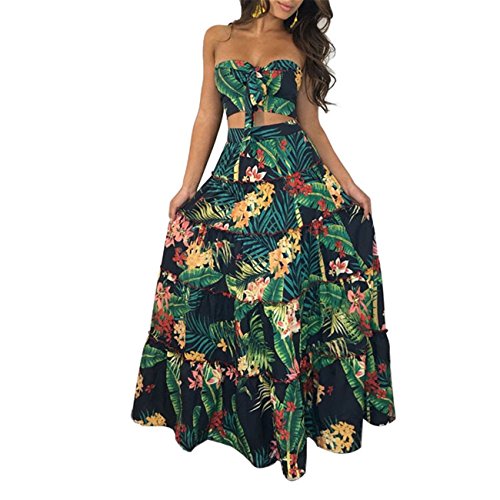 Women's Girls Two Pieces Outfits Floral Printing Floucing Wrapped Crop Tank Top Shirt + Swing Skirt Set Party Club Boho Dress Green XL