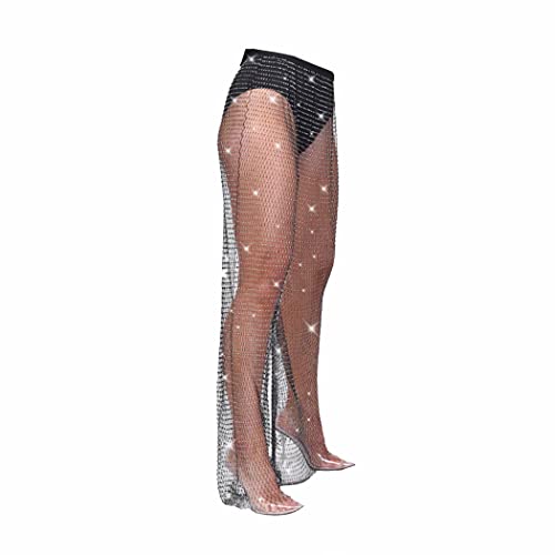 Wosois Mesh Fishnet Pants Black Crystal Body Chain See Through Leggings Rhinestone Rave Festival Nightclub Party Summer Beach Clubwear for Women and Girls, Length:110cm/43.3in, polyester, rhinestone