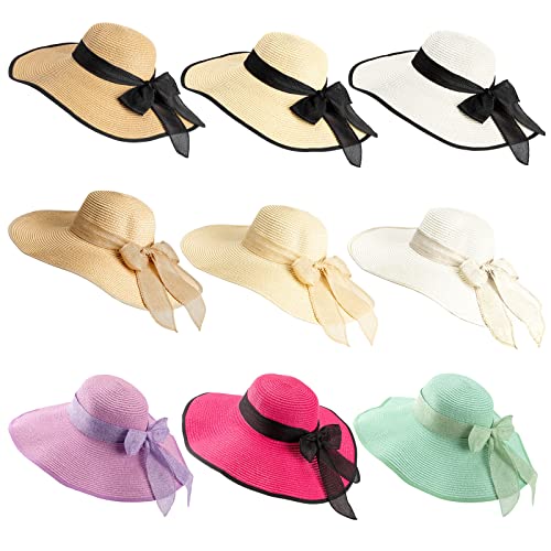 Xtinmee 9 Pcs Women Sun Straw Hat Wide Brim Summer Big Bowknot Straw Hat Floppy Beach Hats Foldable UV Upf50 Protection Beach Cap Adjustable Rope for Ladies Girls Multicolor, Multicolor, One Size