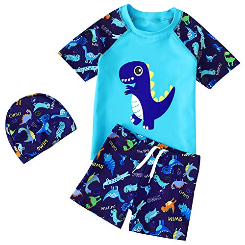 YAGATA Toddler Boys 3 Pieces Swimsuit Set Boys Swimwear Dinosaur Bathing Suit Rash Guards UPF 50+, Blue, 2-3T