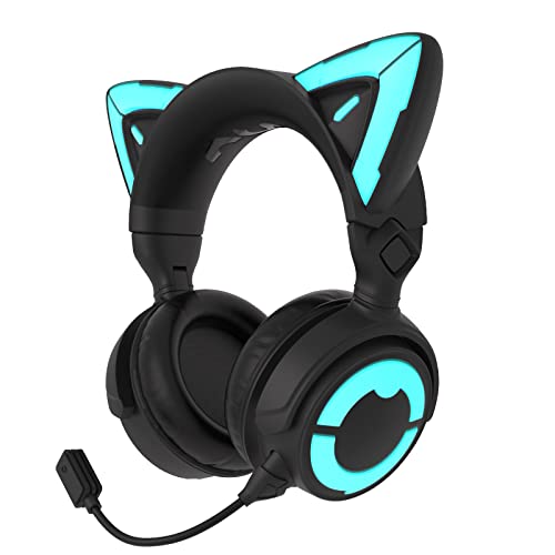 YOWU RGB Cat Ear Headphones 4 Upgraded Wireless & Wired Gaming Headset with Attachable HD Mic - Active Noise Reduction, Dual Channel Stereo & Customizable Light Color and Lighting Effects with APP (Black)