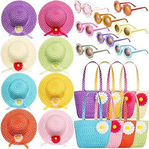 Yexiya 24 Pcs Daisy Flower Sun Straw Hat and Purse Sets Girls Tea Party Hats Purse Flower Sunglasses Girls Tea Party Straw Sun Hat and Purse Sets Beach Cap Colorful Eyewear for Girls