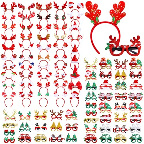 Yunlly 100 Pcs Christmas Headbands and Glasses Frame Set, Include 50 Holiday Headbands Snowman Santa Hair Hoop with 50 Xmas Glasses for Adults Kids Christmas Accessories Winter Holiday Party Supplies