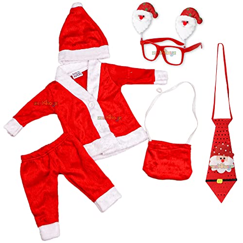 Zest 4 Toyz Santa Claus Dress Christmas Fleece Costume With Jacket Pant Santa Cap Gift Pouch Party Goggle Frame & Neck Tie For Newborn to 6 Months Babies