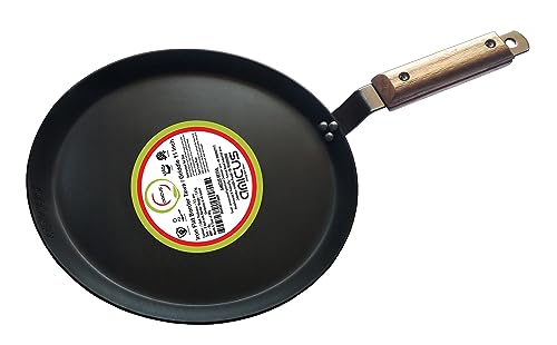 amicus Kitchen Premium Iron Tawa for Dosa Roti Chapati, Flat Iron Tava with Strong Wooden Handle, Gas & Induction Friendly,11 Inch with Border, 1.4 Kg, Black