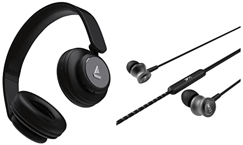 boAt Rockerz 450 Bluetooth On Ear Headphones with Mic, Upto 15 Hours Playback, 40MM Drivers, Padded Ear Cushions, Integrated Controls and Dual Modes & Bassheads 152 in Ear Wired Earphones with Mic