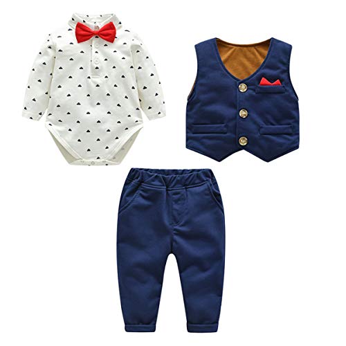 famuka Baby Boy 3 Piece Formal Outfit Suit with Bows Waistcoat Gentleman Tuxedo (Navy 1, 9-12 Months)