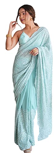 infloura Saree For Women's And Girls Heavy Georgette Fabric Saree With Viscose embroidery work of thread with sequins in all over saree (Sky Blue)