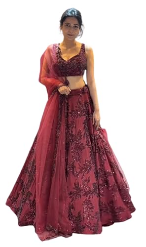 infloura Women's And Girls Chinon Georgette Fabric With Lehenga With Embroidery Sequence Work Maroon Color