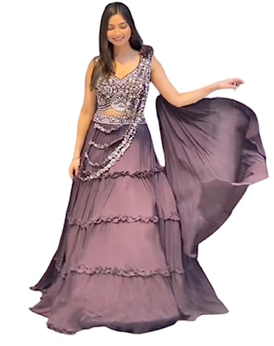 infloura Women's And Girls Soft Chinon Fabric Saree With Pallu attached with lehenga Saree With Stiched Fancy Blouse
