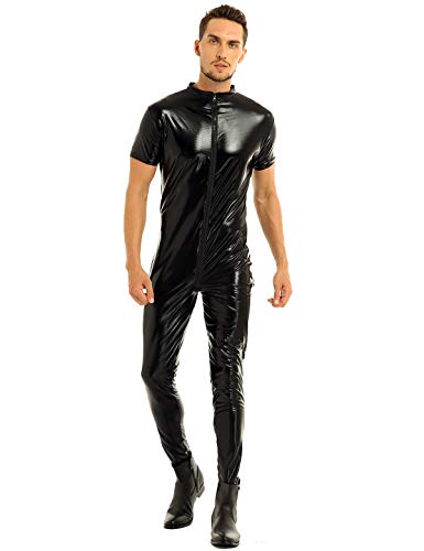 inhzoy Mens Stretchy Patent Leather Short Sleeves Zipper Crotch Full Body Leotard Bodysuit Black Large