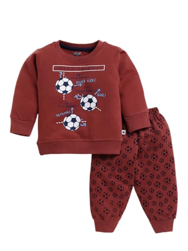 pikku premium 100% Cotton Co-ord Sweat Sets for Baby Boys & Girls - Fullsleeves Day/Night Suits - Ribbed Cuffs & Waist (12-18 months, Dark Chocolate)