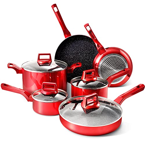 10 Pcs Pots and Pans Sets, Nonstick Cookware Set, Induction Pan Set, Chemical-Free Kitchen Sets, Stone-Derived Coating, Saucepan, Saute Pan with Lid, Frying Pan, Red