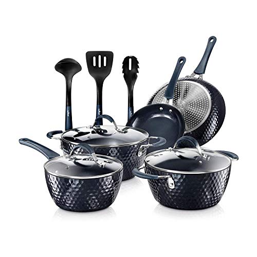 11-Piece Nonstick Kitchen Cookware Set - Excilon Blue Diamond Ceramic Home Kitchen Ware Pots and Pan Set with Saucepan, Frying Pans, Cooking Pots, Dutch Oven Pot, Lids, Utensil - NutriChef NCCW11DS