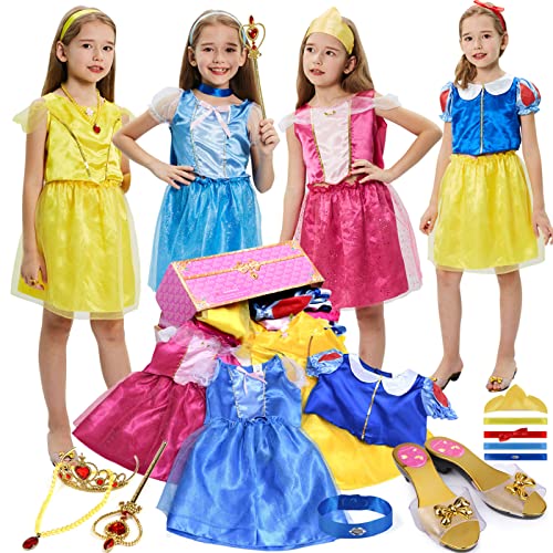 17 Pcs Girls Princess Dress Up Trunk Role Play Cosplay Set with Princess Shoes Crown Accessories Princess Costume for Kids Age 3-6 Years Blue