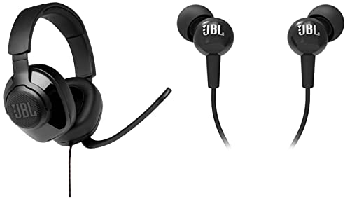 JBL Quantum 100, Wired Over Ear Gaming Headphones with mic for PC, Mobile, Laptop, PS4, Xbox, Nintendo Switch, VR (Black) & C100SI Wired in Ear Headphones with Mic, Pure Bass Sound