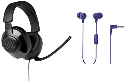 JBL Quantum 100, Wired Over Ear Gaming Headphones with mic & C50HI, Wired in Ear Headphones with Mic, One Button Multi-Function Remote, Lightweight & Comfortable fit (Blue)