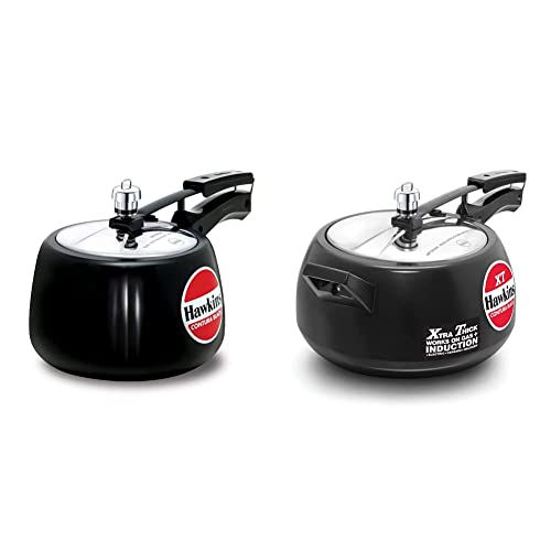 Hawkins Contura Hard Anodised Aluminium Pressure Cooker, 3 Litres, Black + Hawkins Contura Hard Anodized Induction Compatible Extra Thick Base Pressure