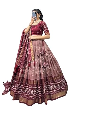 Royalstyle Women's Tussar Silk Fabric With Patola Print And Foil Work Lehenga Choli For Womens And Girls Canvas and attached with Can Can (Maroon)