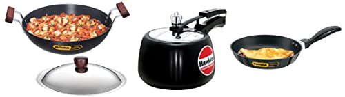 Hawkins Contura Hard Anodised Aluminium Pressure Cooker, 3 Litres, Black & Futura 3.25 mm Thickness Frying Pan (1 litre, 22 cm, Black) & Futura Hard Anodised Deep-Fry Pan/Kadhai (Round Bottom) Black