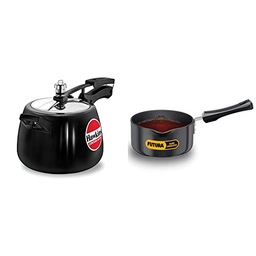 Hawkins - CB40 Contura Hard Anodised Aluminium Pressure Cooker, 4 Litres/130mm, Black and Futura Hard Anodised Sauce Pan, 1.5 Litres, Black