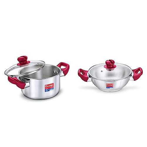 Prestige Platina Popular Gas and Induction Compatible Casserole with Glass Lid, 260 mm, 7.25 Litre & Prestige Platina Popular Gas and Induction Compatible Kadai with Glass Lid, 200 mm