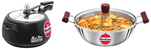 Hawkins Contura Black XT Induction Compatible Aluminium Inner Lid Pressure Cooker, 5 Litre & Tri-Ply Stainless Steel Induction Compatible Deep Kadhai (Deep-Fry Pan) with Glass Lid, 4 Litre