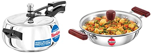 Hawkins Stainless Steel Contura Induction Compatible Inner Lid Pressure Cooker, 3.5 Litre & Tri-Ply Stainless Steel Induction Compatible Deep-Fry Pan with Glass Lid, 2.5 Litre