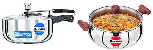 Hawkins 3 Litre Pressure Cooker, Stainless Steel Cooker, Wide Design Pan Cooker, Induction Cooker (HSS3W) - Inner Lid & 5 Litre Cook n Serve Handi with Glass Lid