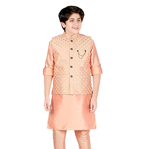 CAVIO Boys Regular Wedding Kurta Waistcoat and Pyjama Set | Pink|
