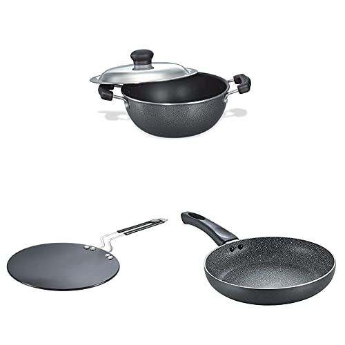 Prestige Omega Select Plus Non-Stick Flat Base Kadhai with Lid, 20cm, 2.2 Liters&Prestige Hard Anodised Plus Cookware Induction Base Roti Tawa, 22.5cm Omega Deluxe Granite Fry Pan, 24 cm