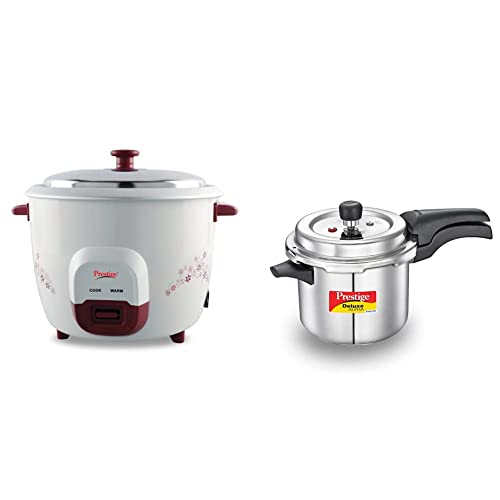 Prestige PRWO 1.5 Litre Red Colour Rice Cooker + Prestige Svachh Deluxe Alpha 3.5 Litre Stainless Steel Pressure Cooker