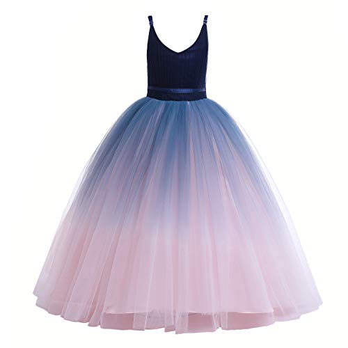 Glamulice Girls Lace Bridesmaid Dress Long A Line Wedding Pageant Dresses Flower Girls Princess Ombre Tulle Party Gown Pink Kids Birthday Maxi Dance Ballgown (11-12 Years, V-Navy Blue & Blush Pink)