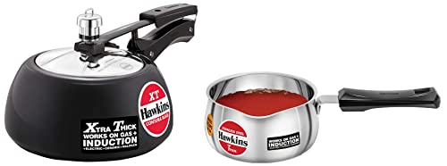 Hawkins Contura Black XT Induction Compatible Hard Anodised & Stainless Steel Inner Lid Pressure Cooker, 2 Litre & Stainless Steel Induction Compatible Tpan, 1 Litre, 4.7 mm