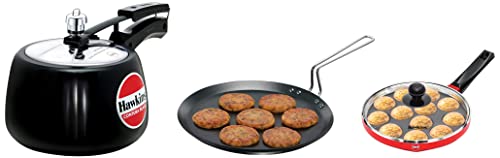 Hawkins Appe Pan, 12 Cups, Red & Contura Hard Anodised Aluminium Pressure Cooker, 3 litres, Black & Futura Aluminium Induction Compatible Flat Tava, Diameter 30 cm, Thickness 4.88 mm, Black (INFT30)