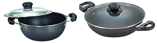 Prestige Omega Select Plus Non-Stick Flat Base Kadai with Lid, 20cm, 2.2 Liters, Black & Omega Deluxe Granite Kadai, 260mm, Black Combo