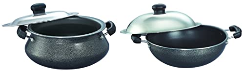 Prestige Omega Select Plus Nonstick Junior Handi with Lid (Black, 20cm) Omega Select Plus Aluminium Non-Stick Round Base Kadhai with Lid, 20 cm, Black