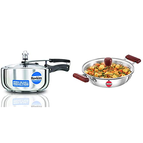 Hawkins 3 Litre Pressure Cooker, Stainless Steel Cooker, Wide Design Pan Cooker, Induction Cooker (HSS3W) - Inner Lid & Tri-Ply Stainless Steel Induction with Glass Lid, 2.5 Litre