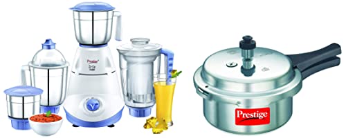Prestige Iris(750 Watt) Mixer Grinder with 3 Stainless Steel Jar + 1 Juicer Jar, White and Blue & Popular Aluminium Pressure Cooker, 2 litres, Silver Combo