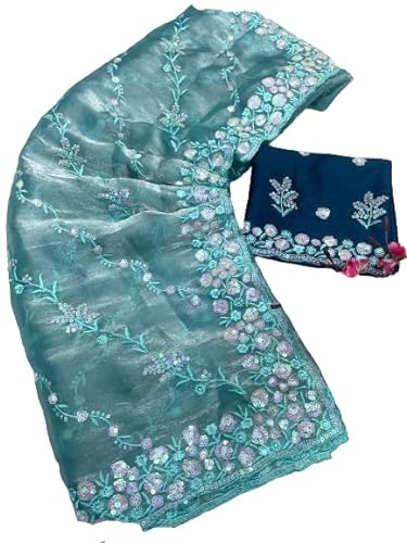 infloura Women's And Girls Soft Zimmy chu Fabric Saree With 5MM Sequence Embroidery C-Pallu Work (Sky blue)