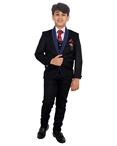 FOURFOLDS 5 Piece Coat Suit with Shirt Pant Blazer Waistcoat & Tie for Kids & Boys (SH505, Blue, 14)