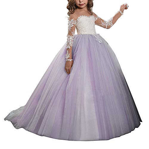 Abaowedding Lace Embroidery Sheer Long Sleeves Kids Trailing Gowns (Lilac, 8)