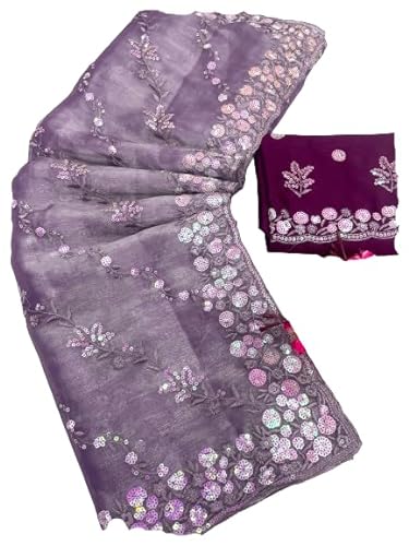 infloura Women's And Girls Soft Zimmy chu Fabric Saree With 5MM Sequence Embroidery C-Pallu Work (Light Purple)