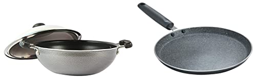 Prestige Omega Select Plus Aluminium Non-Stick Flat Base Kadhai with Lid, 25 cm, Black & Prestige Omega Deluxe Granite Dosa Tawa, 28 cm, Black