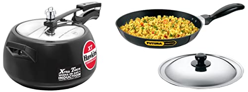 Hawkins Contura Black XT Induction Compatible Aluminium Inner Lid Pressure Cooker, 5 Litre & Nonstick Induction Compatible Frying Pan with Stainless Steel Lid, 1.5 Litre, 26 cm, 3.25 mm