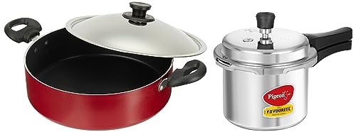 Pigeon by Stovekraft Favourite Outer Lid Non Induction Aluminium Pressure Cooker, 3 litres, Silver + Non-Stick Biriyani Pot with Lid, 5 litres,Red and Black Combo