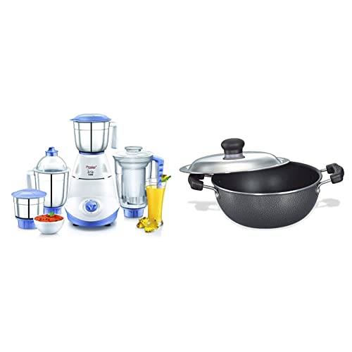 Prestige Iris(750 Watt) Mixer Grinder with 3 Stainless Steel Jar + 1 Juicer Jar, White and Blue & Omega Select Plus Non-Stick Flat Base Kadai with Lid, 20cm, 2.2 litres, Black Combo